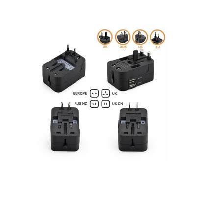 BackpackBeat 1109 travel adapter shown from four angles with UK AUS US and EU plug compatibility icons