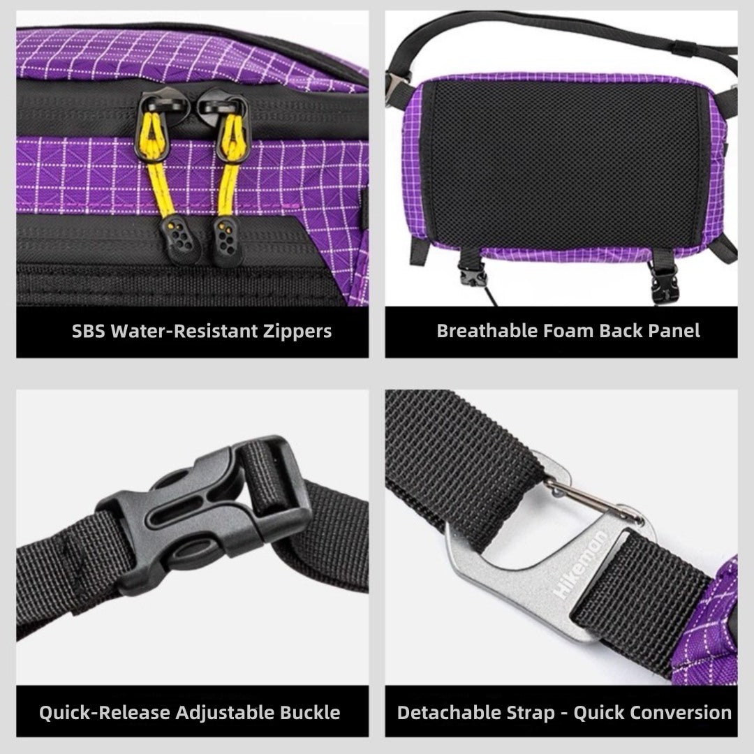 BackpackBeat 3300 crossbody bag SBS water-resistant zippers breathable back panel quick-release buckle detachable strap details