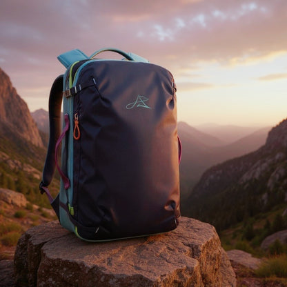 BackpackBeat 8805 lightweight travel backpack 28L on rocky outcrop with mountain valley sunset view