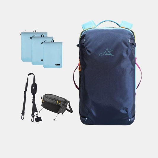 BackpackBeat 8805 lightweight business travel backpack 28L navy blue with complete travel accessories set including 1101 modular strap 1102 organizer bags 3300 crossbody bag