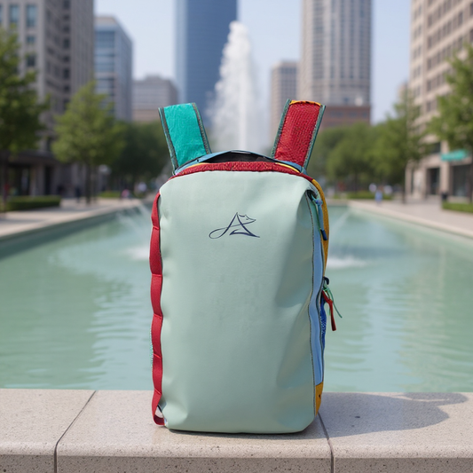 BackpackBeat 8806 lightweight business travel backpack 21L stream green at urban fountain plaza with city buildings