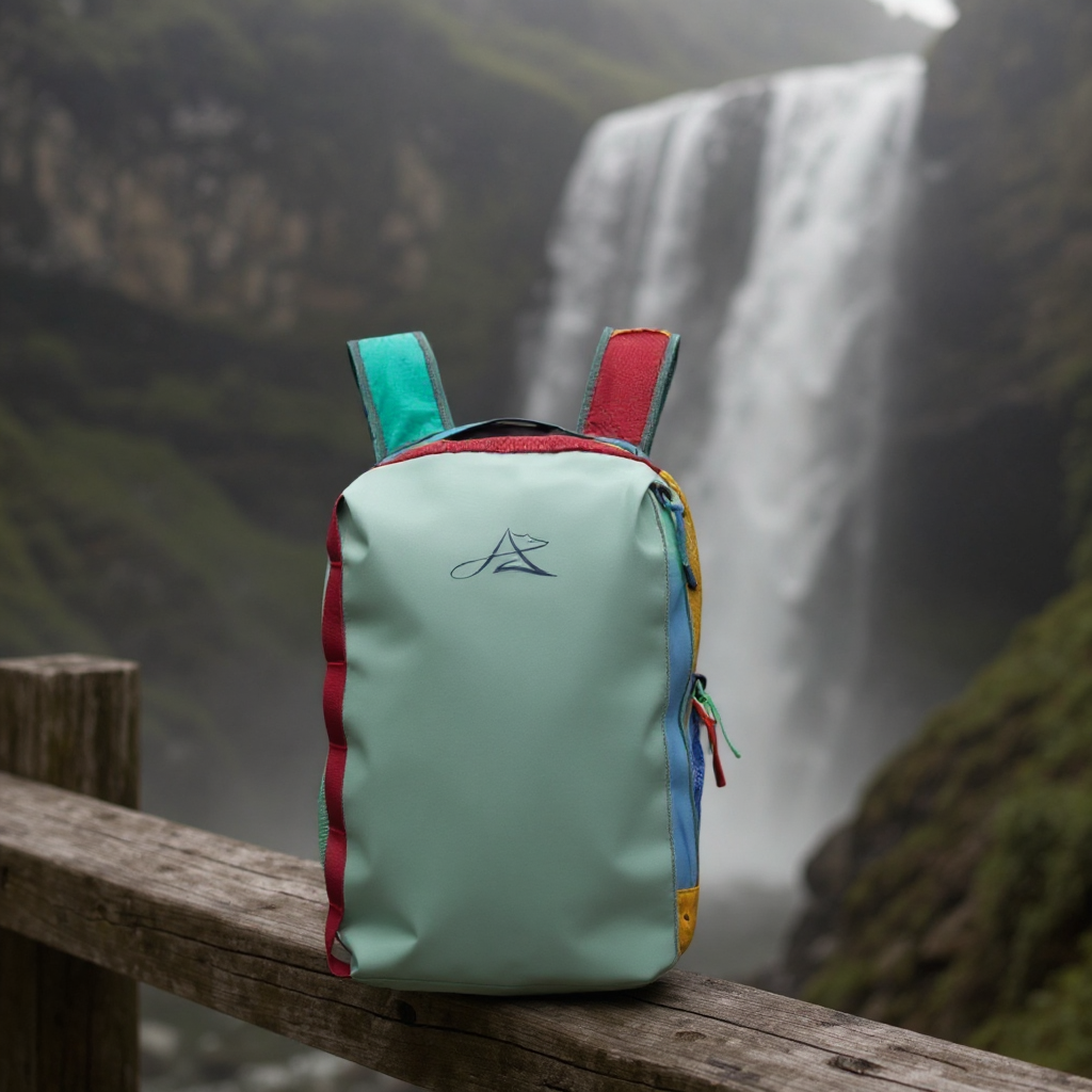 BackpackBeat 8806 lightweight travel backpack 21L stream green colorful design at waterfall viewpoint on wooden railing