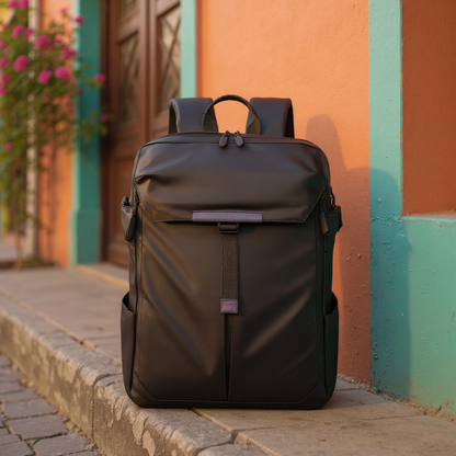 Black 8808 expandable roll-top waterproof backpack on colorful Latin American colonial street with orange and turquoise walls, bougainvillea flowers, digital nomad travel gear for urban explorers