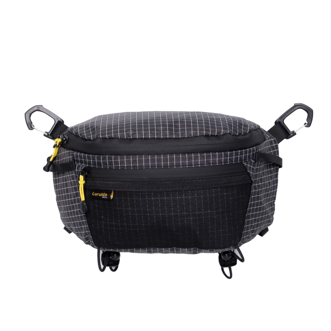 BackpackBeat 9903 black ripstop grid chest bag front view with carabiner clips and yellow zipper