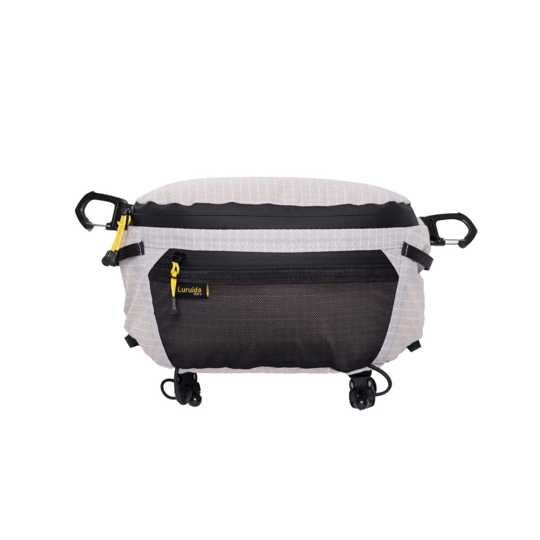 BackpackBeat 9903 white ripstop grid chest bag front view with carabiner clips and yellow zipper