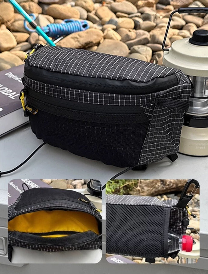 BackpackBeat 9903 black grid crossbody bag open showing yellow interior lining and side mesh bottle holder