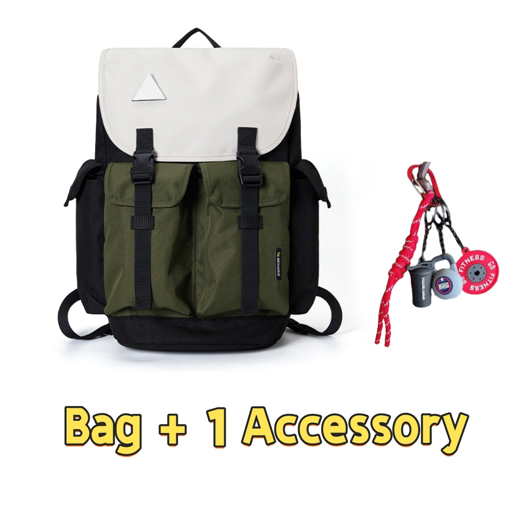 Backpackbeat 7705 waterproof canvas backpack in white, black and green color-blocking design with white triangle patch paired with red fitness gear accessory keychain featuring weight plate and sport bottle charms - 25L bag plus 1 accessory set