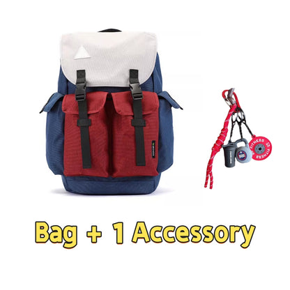 Backpackbeat 7705 waterproof canvas backpack in white, blue and red color-blocking design with white triangle patch paired with red fitness gear accessory keychain featuring weight plate and sport bottle charms - 25L bag plus 1 accessory set