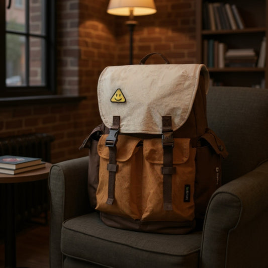 Backpackbeat 7706 brown multi-color lightweight waterproof backpack with earth tone design resting on comfortable armchair in independent bookstore corner, featuring warm ambient lighting, brick walls, wooden bookshelves and intellectual urban atmosphere
