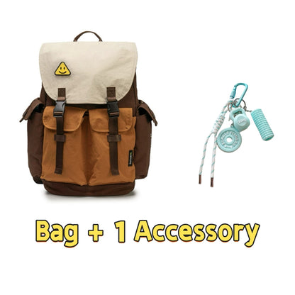 Backpackbeat 7706 brown and orange lightweight waterproof backpack with yellow triangle smiley patch paired with teal fitness gear accessory keychain featuring weight plate and foam roller - bag plus 1 accessory set