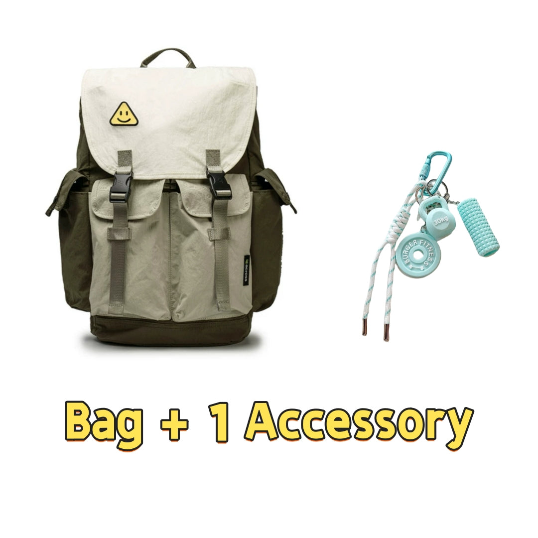Backpackbeat 7706 green and beige lightweight waterproof backpack with yellow triangle smiley patch paired with teal fitness gear accessory keychain featuring weight plate and foam roller - bag plus 1 accessory set