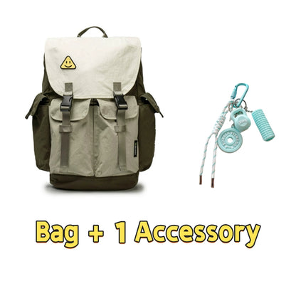 Backpackbeat 7706 green and beige lightweight waterproof backpack with yellow triangle smiley patch paired with teal fitness gear accessory keychain featuring weight plate and foam roller - bag plus 1 accessory set