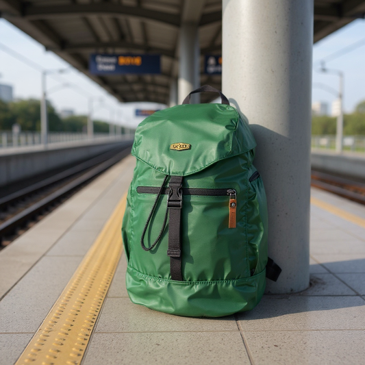 Backpackbeat 7707 green lightweight hiking backpack with 13L capacity leaning against platform pillar at contemporary train station, featuring railway tracks, electronic departure signs and clean transit infrastructure, ideal for commuter travel