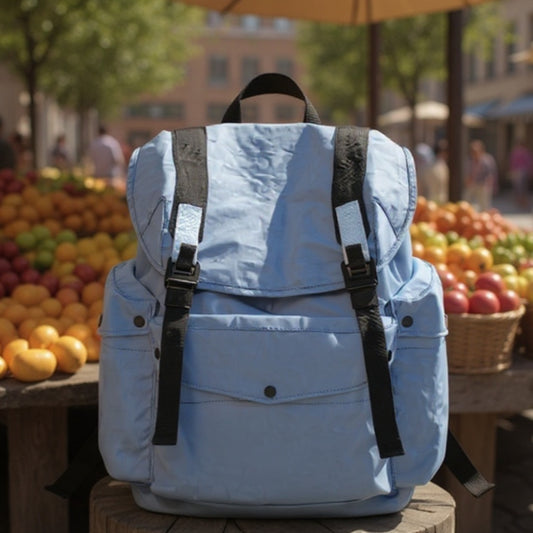 A light blue Backpackbeat 7712 Lightweight Backpack 25L placed on a rustic wooden stall in a vibrant city market. The backpack sits in front of a colorful display of fresh fruits and vegetables, with sunlight illuminating the lively urban scene. This image highlights the backpack's adaptability for daily use and travel in city environments.