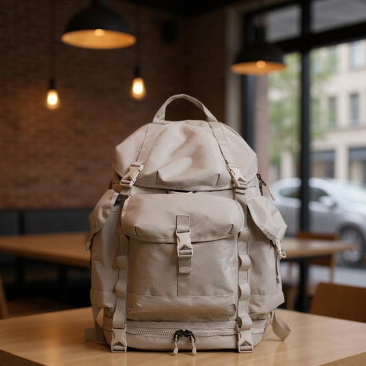Backpackbeat 8809 gray lightweight 40L hiking pack resting on wooden table in contemporary coffee shop with warm pendant lighting, brick walls and large windows, demonstrating urban commuter lifestyle and versatile daily use