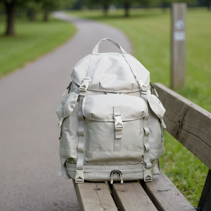 Backpackbeat 8809 gray lightweight 40L hiking pack positioned on wooden park bench with curved walking path and green grass in background, showcasing urban outdoor lifestyle and portable design for city adventures