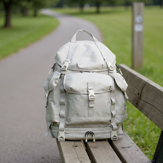 Backpackbeat 8809 gray lightweight 40L hiking pack positioned on wooden park bench with curved walking path and green grass in background, showcasing urban outdoor lifestyle and portable design for city adventures