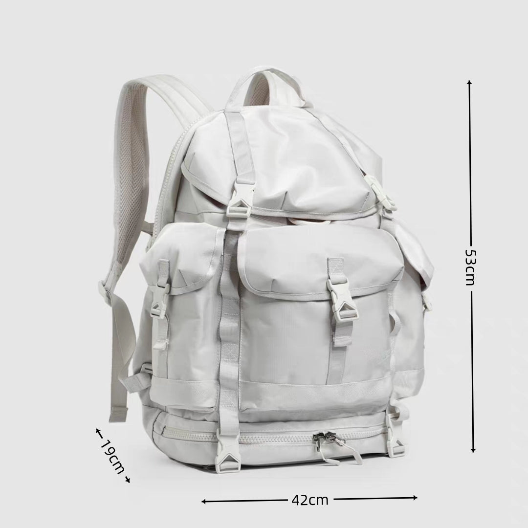 Gray lightweight hiking backpack with dimension measurements showing 53cm height, 42cm width, and 19cm depth for 40L capacity