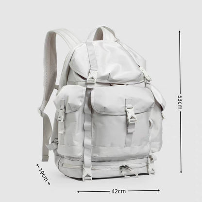 Gray lightweight hiking backpack with dimension measurements showing 53cm height, 42cm width, and 19cm depth for 40L capacity