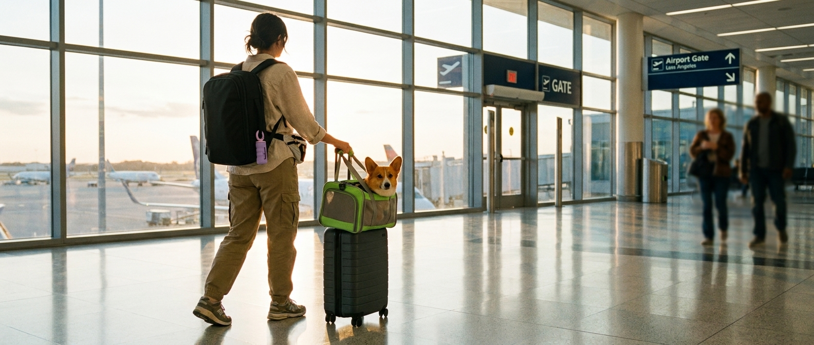 A digital nomad women at the airport featuring backpackbeat travel gear: carrying the 8807 backpack with a P803 poop bag dispenser attached, wearing a 9903 waist bag, and transport a Corgi in the P808 green soft pet carrier atop a suitcase.