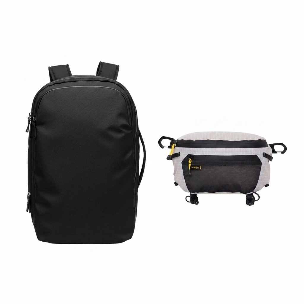 The nomad gear set showing black 28L travel backpack front view and white grey ripstop 3-in-1 chest bag with yellow zipper and black carabiner clips on white background