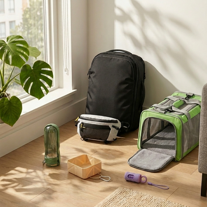 The digital nomad travel kit lifestyle scene showing black travel backpack, white chest bag, green soft sided pet carrier, portable dog water bottle, collapsible dog bowl, and lavender poop bag dispenser arranged on wood floor beside window with monstera plant