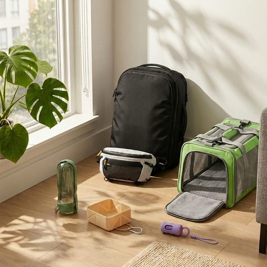 The digital nomad travel kit lifestyle scene showing black travel backpack, white chest bag, green soft sided pet carrier, portable dog water bottle, collapsible dog bowl, and lavender poop bag dispenser arranged on wood floor beside window with monstera plant