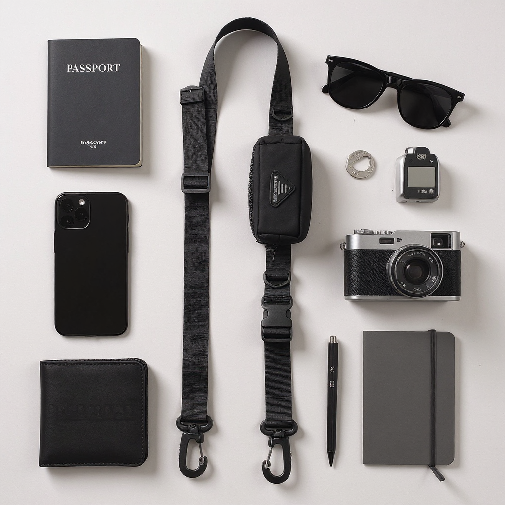 Flat lay photo of the 1101 modular crossbody strap with travel essentials including passport, phone, camera, wallet, and sunglasses on a neutral background.
