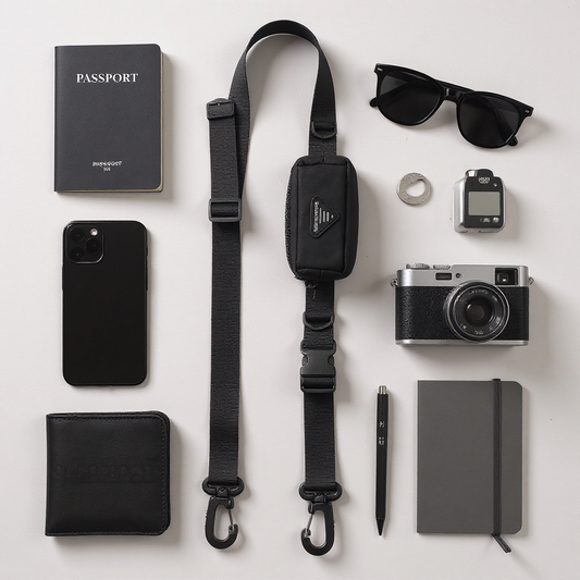 Flat lay photo of the 1101 modular crossbody strap with travel essentials including passport, phone, camera, wallet, and sunglasses on a neutral background.
