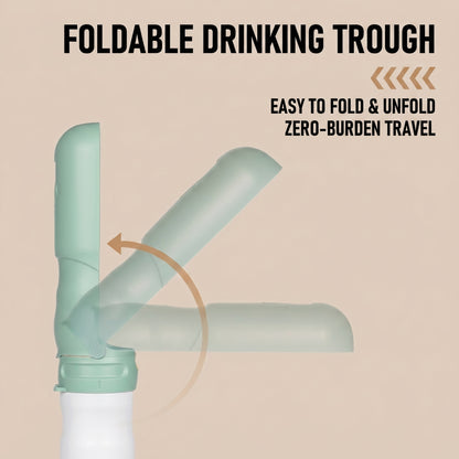 Close-up diagram of p801 sage green dog water bottle showing foldable trough hinge mechanism with fold and unfold rotation arrow