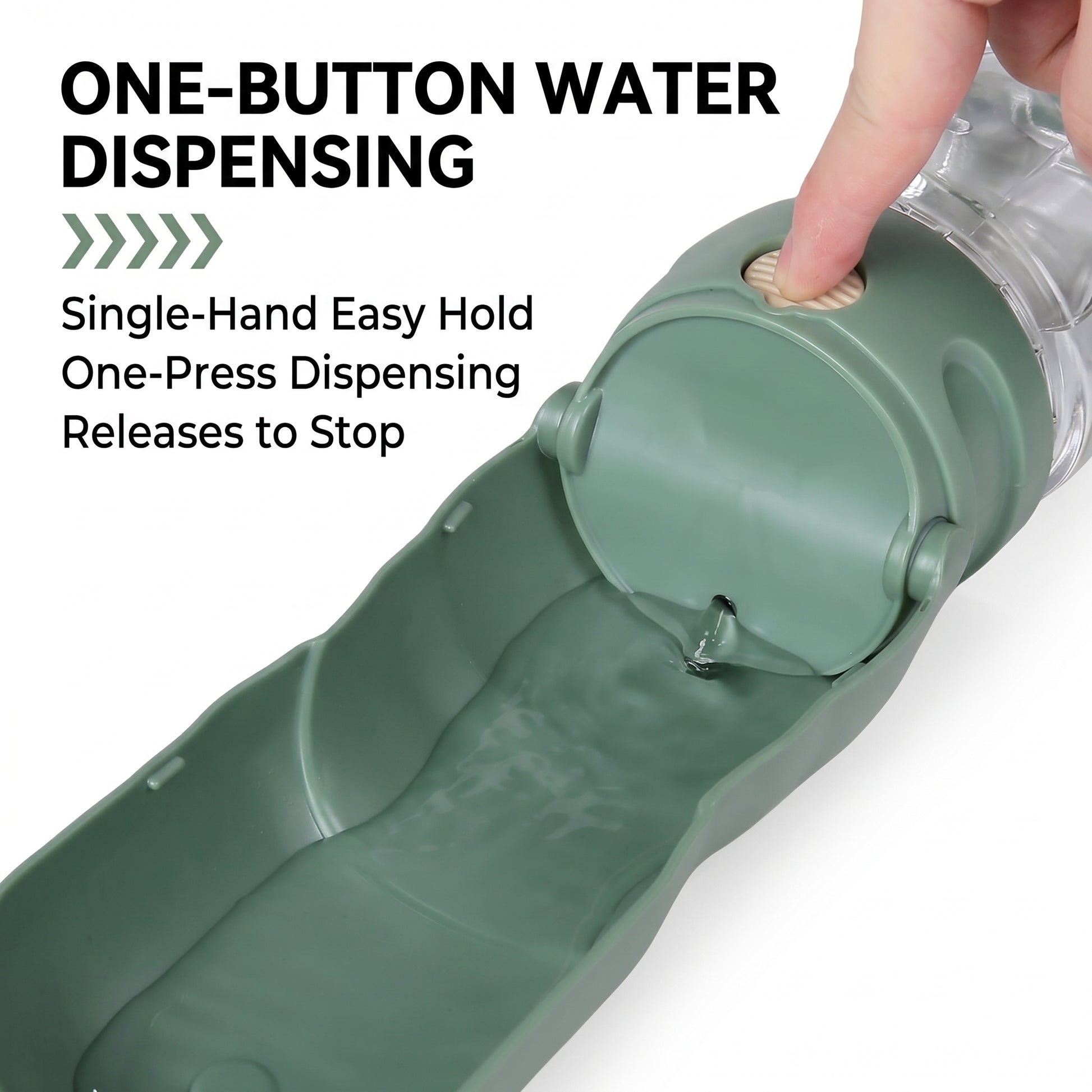 Finger pressing dispensing button on p801 sage green dog water bottle with foldable trough open showing water flow, one-button operation
