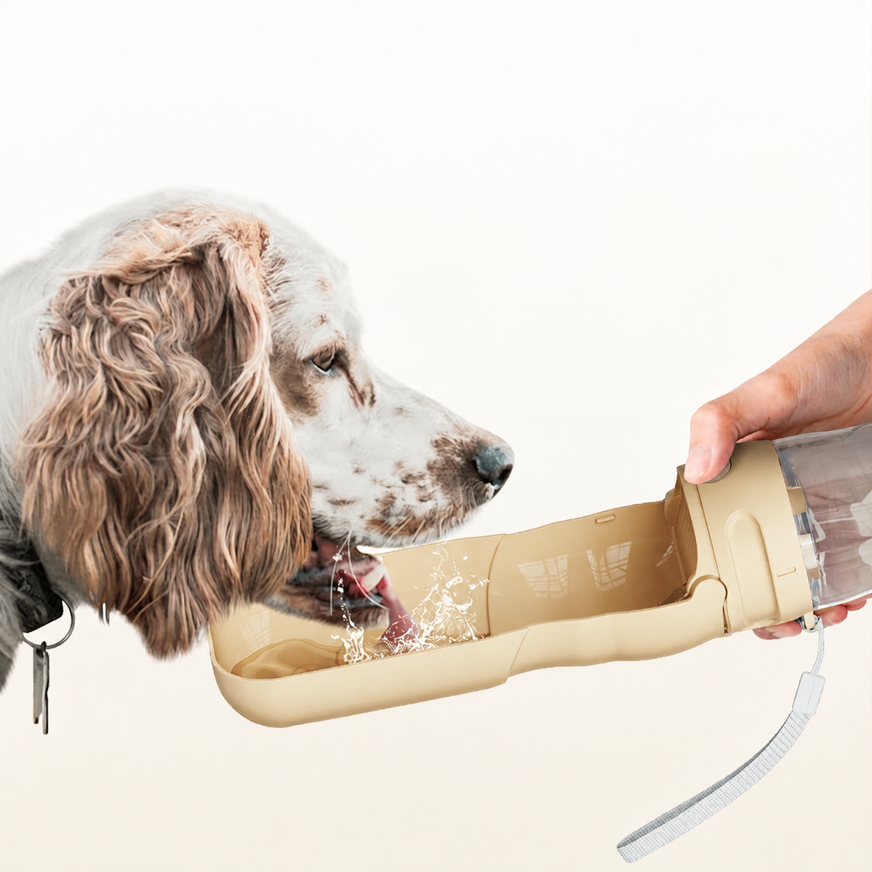 p801 warm beige portable dog water bottle held by hand with foldable trough open, spaniel dog drinking, white background