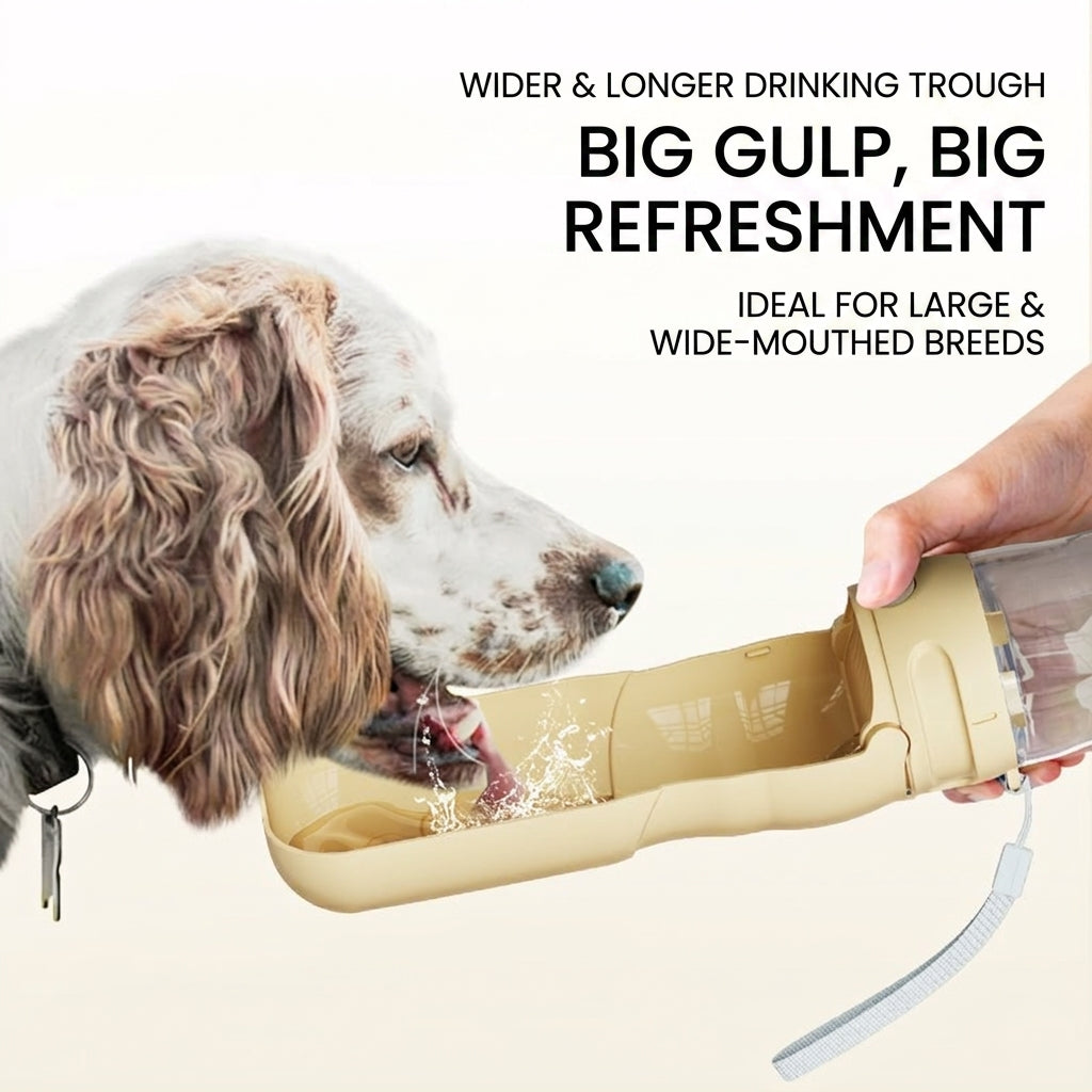 Person holding p801 warm beige dog water bottle with wide foldable drinking trough open, spaniel dog drinking from it