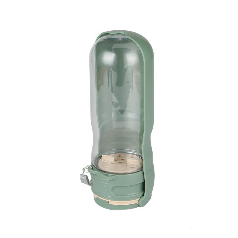 p801 portable dog water bottle in sage green with transparent body, filtration base, and carabiner clip, front view white background
