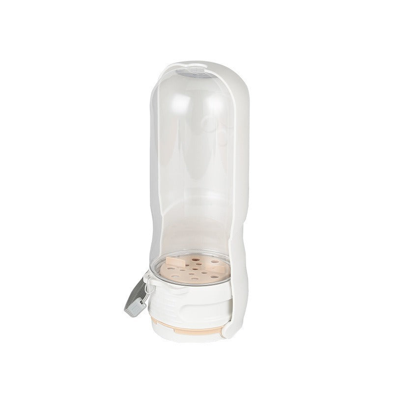 p801 portable dog water bottle in white with transparent body, filtration base, and grey carabiner clip, front view white background