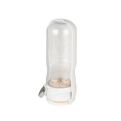 p801 portable dog water bottle in white with transparent body, filtration base, and grey carabiner clip, front view white background