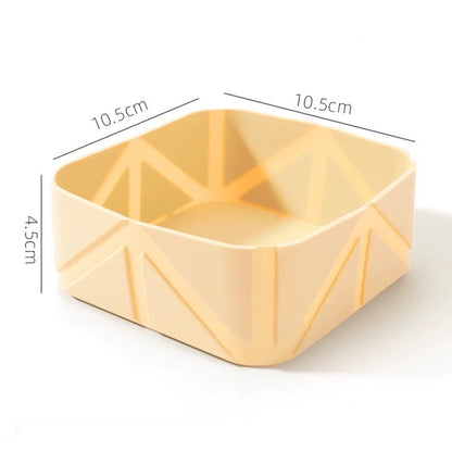 p802 warm beige collapsible dog bowl with dimension annotations showing 10.5cm length, 10.5cm width, and 4.5cm height when expanded