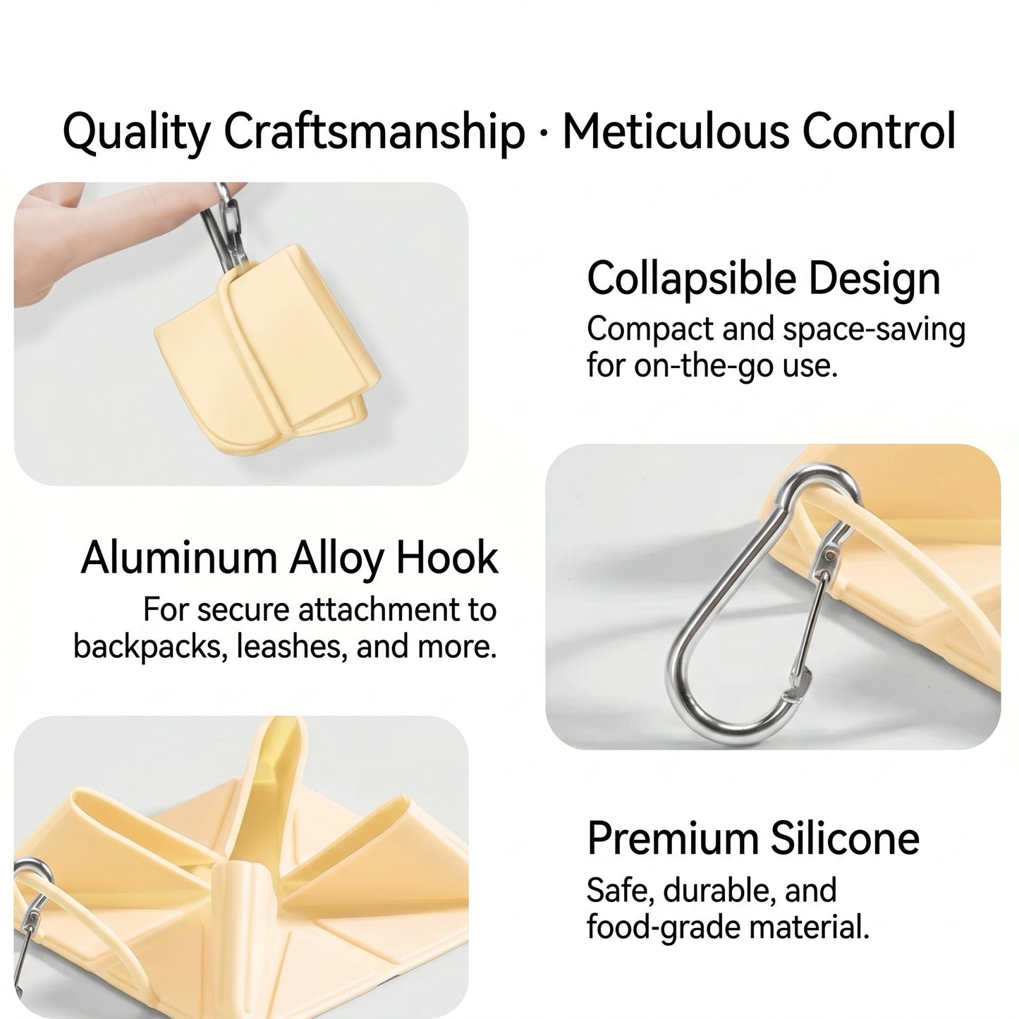 Feature infographic for P802 collapsible dog bowl showing collapsible design, aluminum alloy carabiner hook, and food-grade premium silicone construction, warm beige colorway