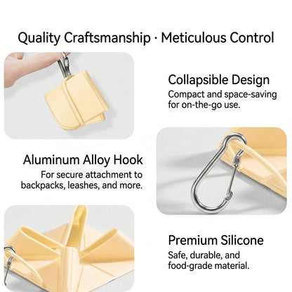 Feature infographic for P802 collapsible dog bowl showing collapsible design, aluminum alloy carabiner hook, and food-grade premium silicone construction, warm beige colorway