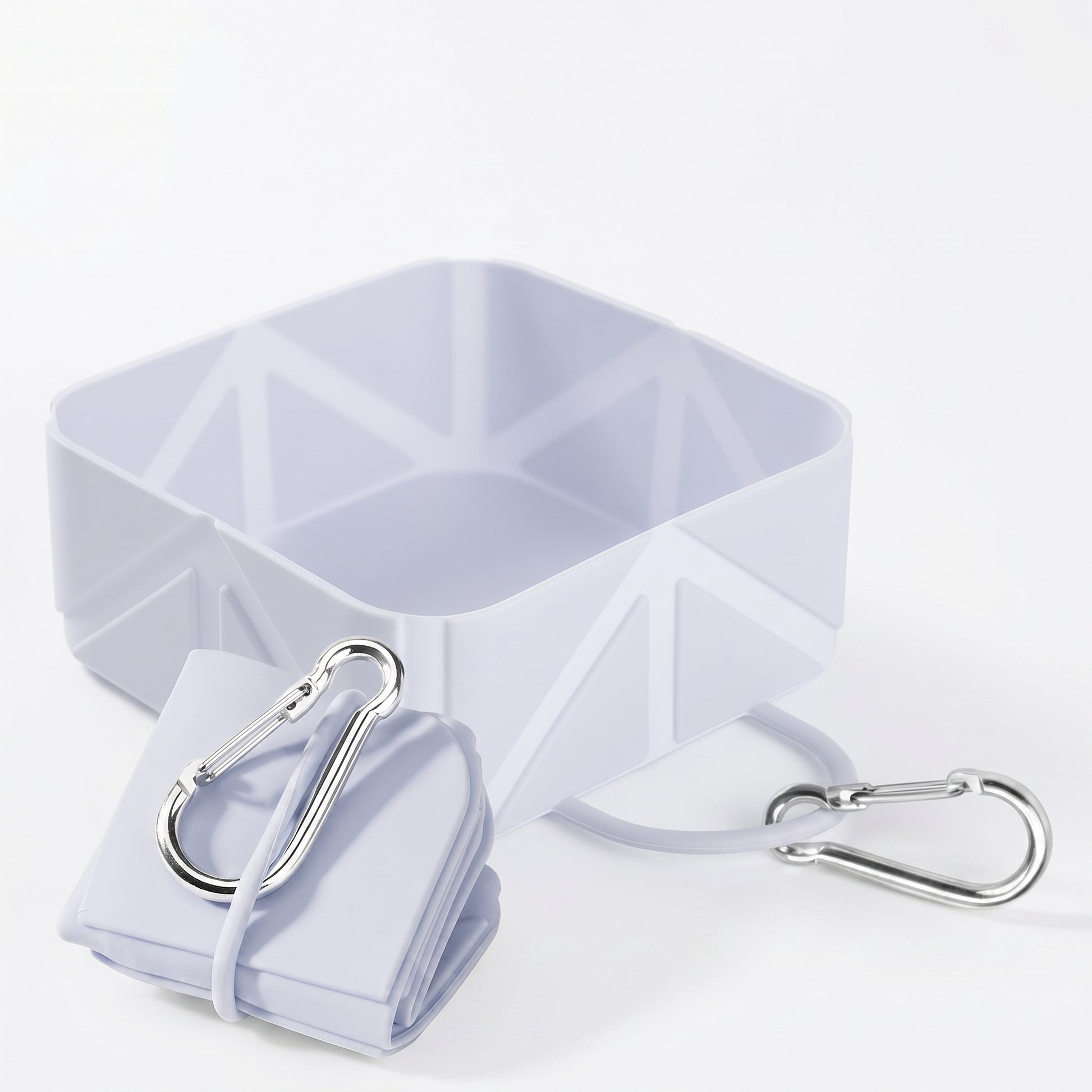 P802 Grey silicone collapsible dog bowl shown expanded and folded flat with two aluminum carabiner clips, white background