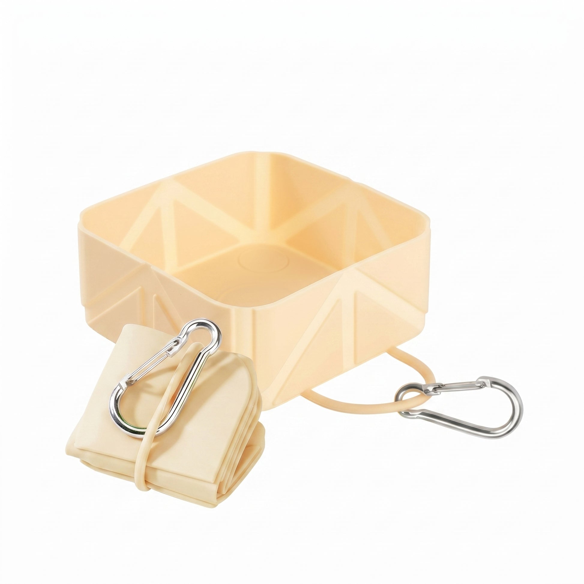 P802 warm beige silicone collapsible dog bowl shown expanded and folded flat with two aluminum carabiner clips, white background