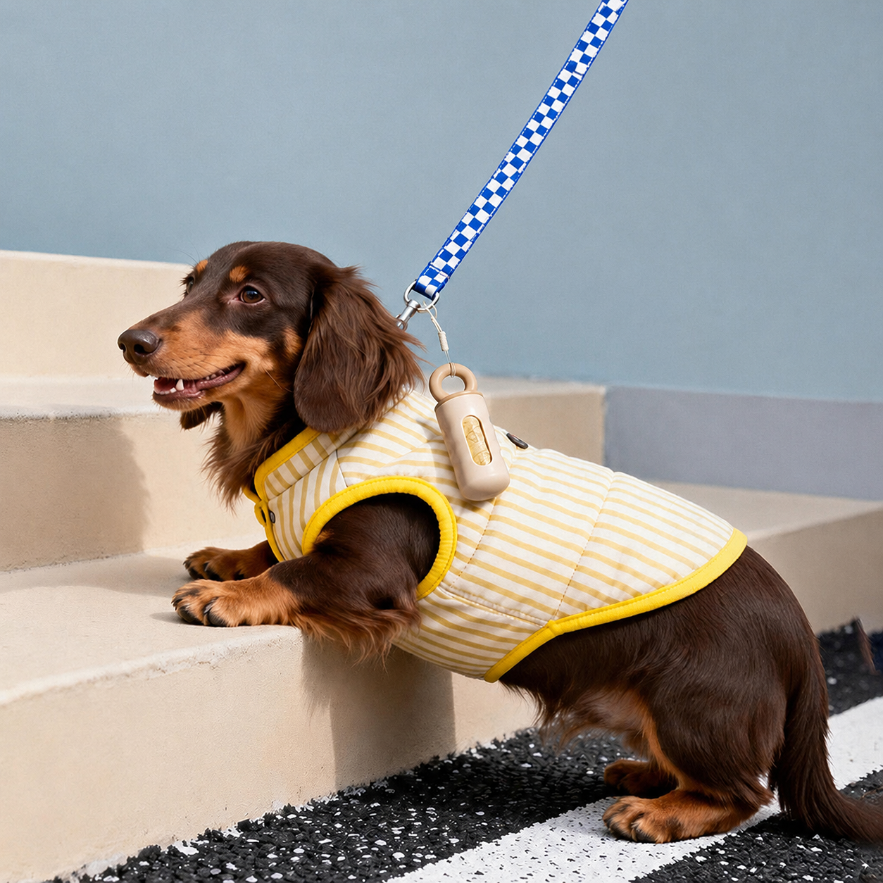 Brown miniature dachshund wearing a yellow striped dog harness with beige poop bag carrier attached, sitting on outdoor steps with blue checkered leash