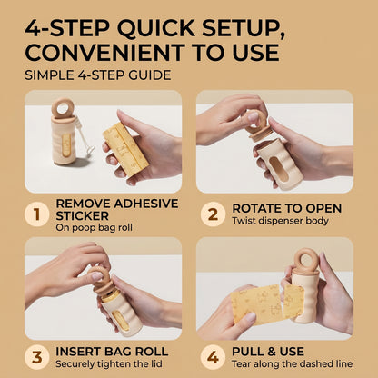 Four-step illustrated guide showing how to load and use the XXXX poop bag carrier dispenser: remove adhesive sticker, rotate to open, insert bag roll, pull and tear