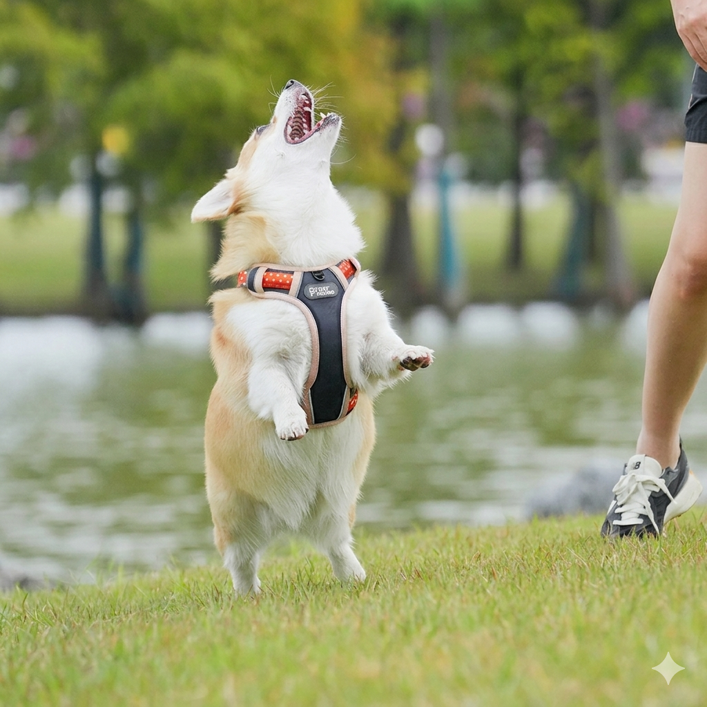Corgi dog wearing p805 grey no-pull harness jumping on grass near a lake, person's legs visible in background