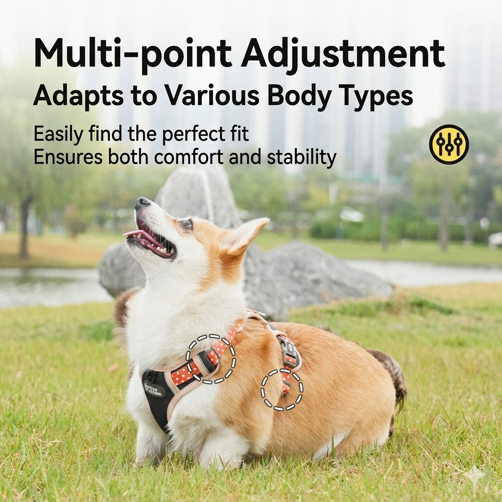 Corgi wearing p805 grey dog harness sitting on grass with adjustment points highlighted, multi-point fit infographic overlay