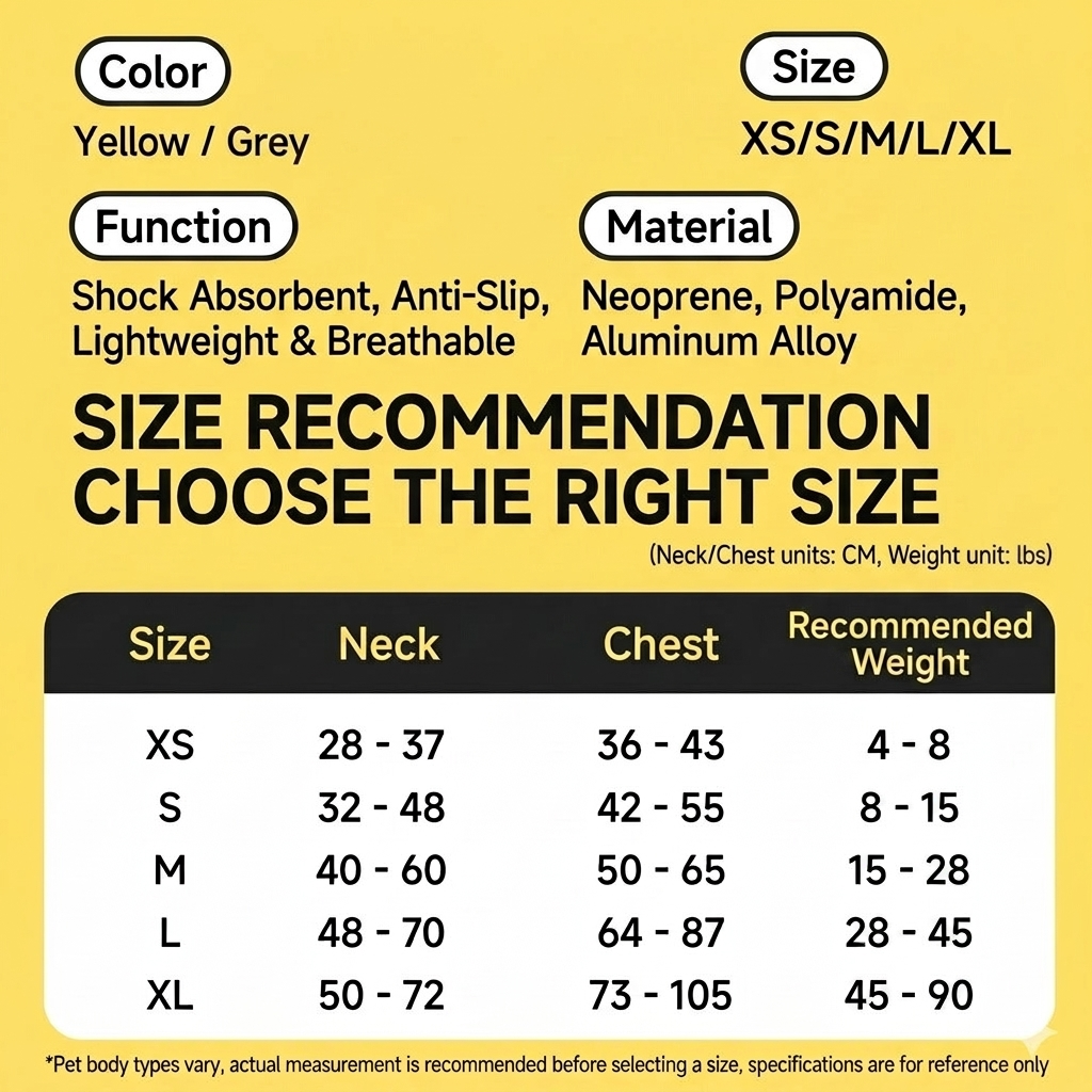 p805dog harness size guide showing neck and chest measurements in cm for sizes XS through XL, available in yellow,  and grey
