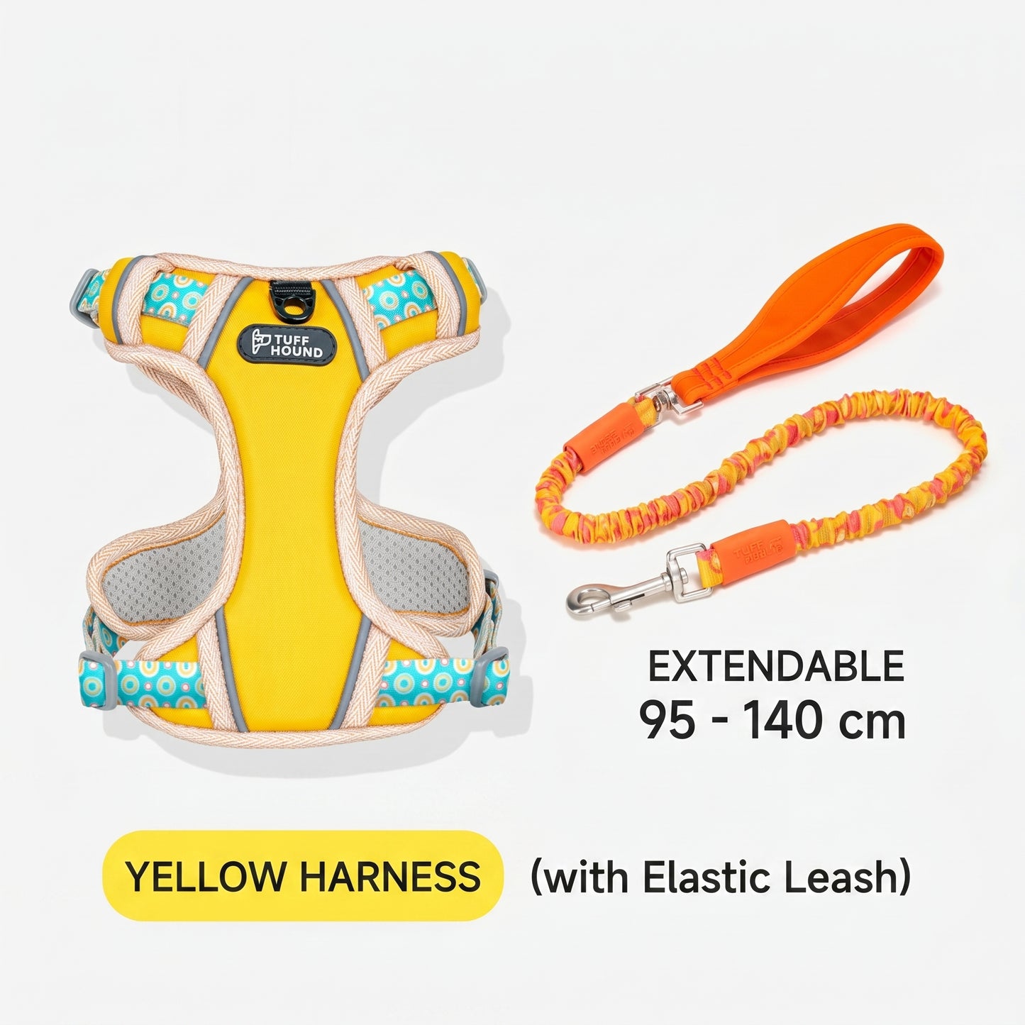 p805 yellow dog harness with teal circle print and orange bungee leash set, extendable 95–140cm, white background
