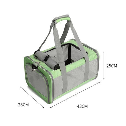 p808 sage green soft sided pet carrier with dimension annotations showing 43cm length, 28cm width, and 25cm height