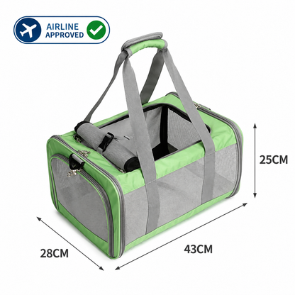 Green P808 soft-sided airline pet carrier measuring 43×28×25cm with mesh ventilation, compressible design and airline approved badge.