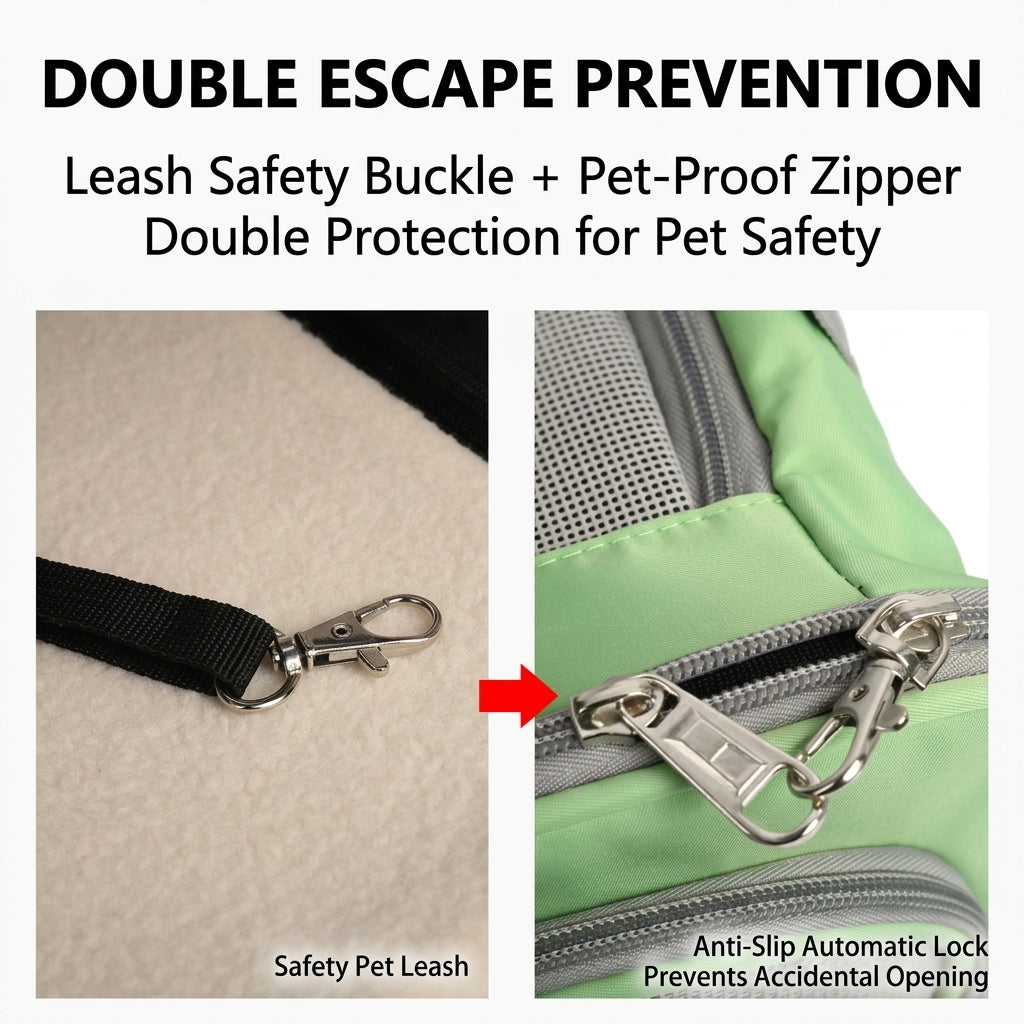Split close-up showing p808 pet carrier internal safety leash clip on fleece lining and anti-slip auto-lock zipper on green carrier exterior